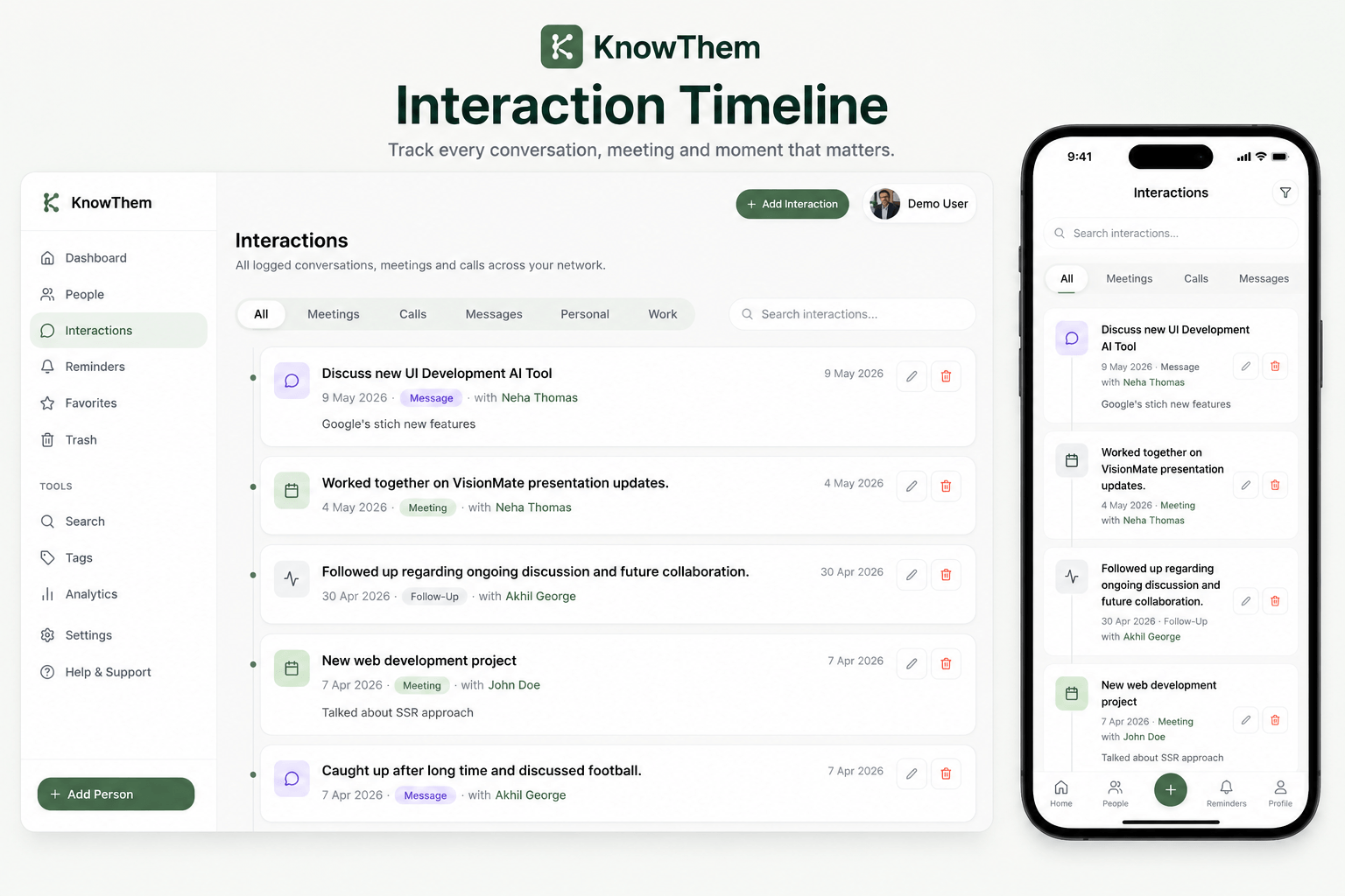 KnowThem Interaction Timeline, every conversation logged in chronological order